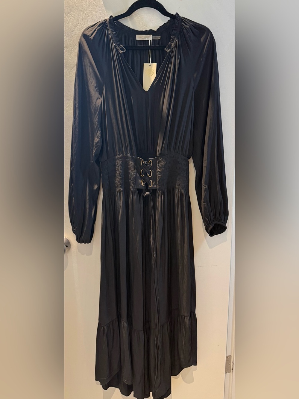 Ramy Brook Black V-Neck Lace-Up Waist Midi Dress NWT